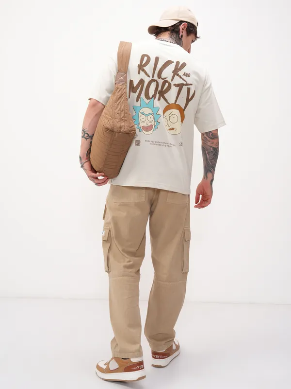 Highlander Men Cream Printed Round Neck Oversized Fit T-Shirt