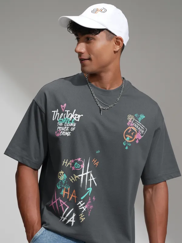 DC By Highlander Men Grey Joker Printed Round Neck Oversized Fit T-Shirt