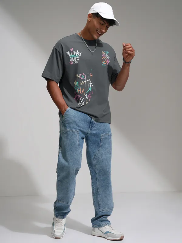 DC By Highlander Men Grey Joker Printed Round Neck Oversized Fit T-Shirt