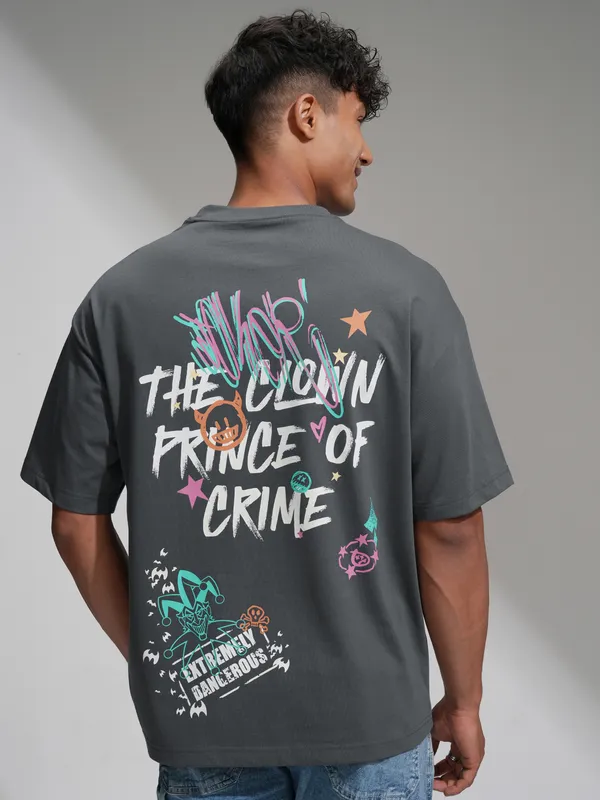 DC By Highlander Men Grey Joker Printed Round Neck Oversized Fit T-Shirt