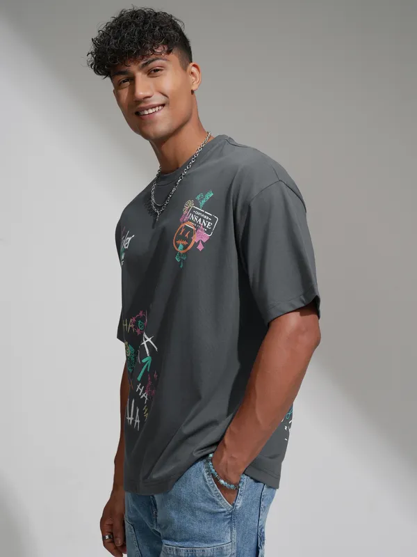 DC By Highlander Men Grey Joker Printed Round Neck Oversized Fit T-Shirt