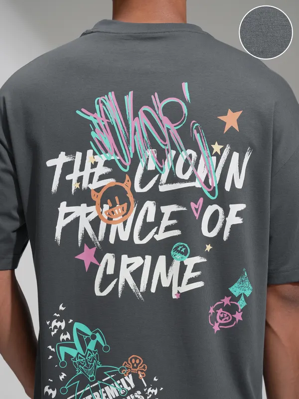 DC By Highlander Men Grey Joker Printed Round Neck Oversized Fit T-Shirt