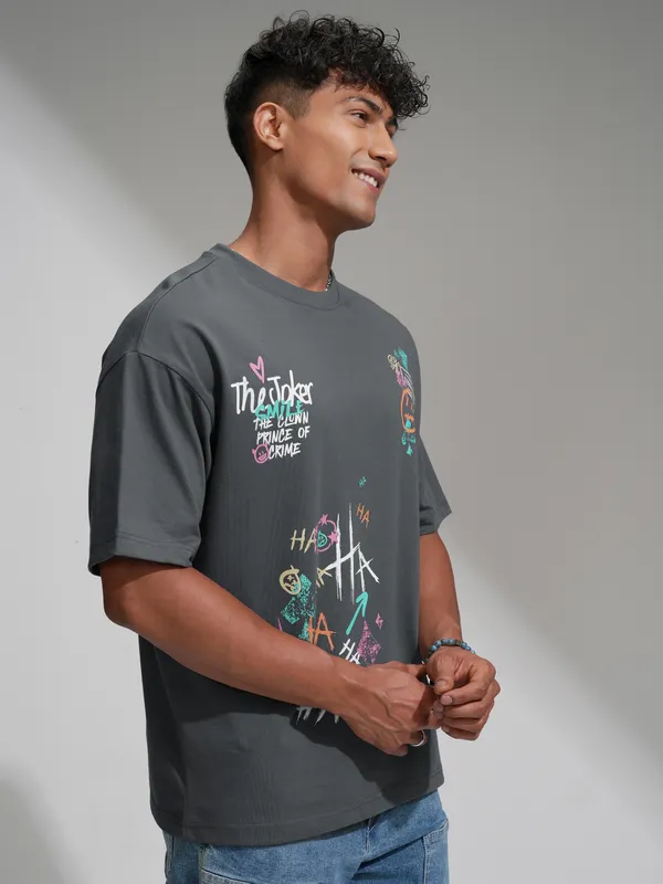 DC By Highlander Men Grey Joker Printed Round Neck Oversized Fit T-Shirt