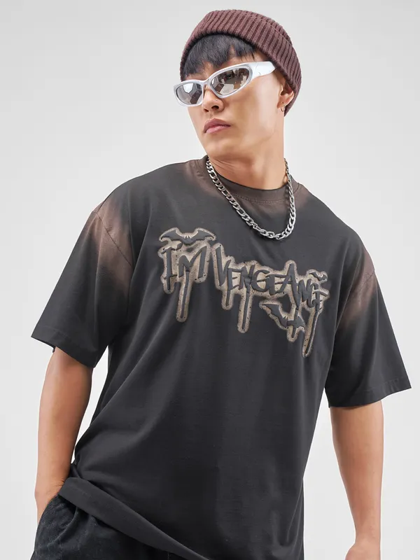 DC By Highlander Men Black Batman Printed Round Neck Oversized Fit T-Shirt