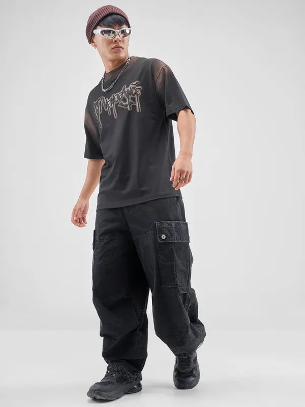 DC By Highlander Men Black Batman Printed Round Neck Oversized Fit T-Shirt