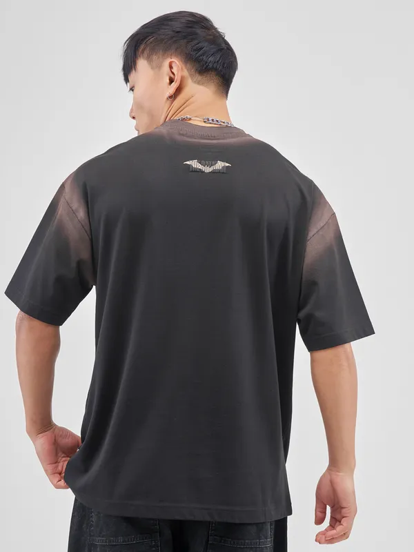 DC By Highlander Men Black Batman Printed Round Neck Oversized Fit T-Shirt