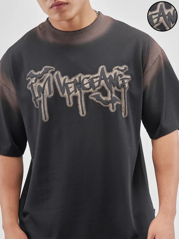 DC By Highlander Men Black Batman Printed Round Neck Oversized Fit T-Shirt