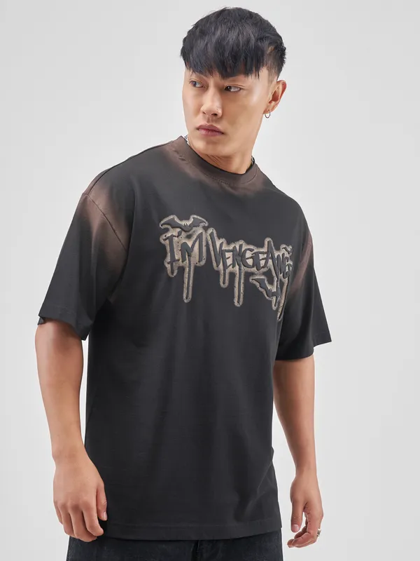 DC By Highlander Men Black Batman Printed Round Neck Oversized Fit T-Shirt