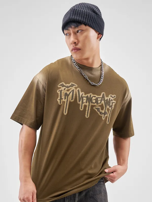 DC BY Highlander Men Brown Batman Printed Round Neck Oversized Fit T-Shirt