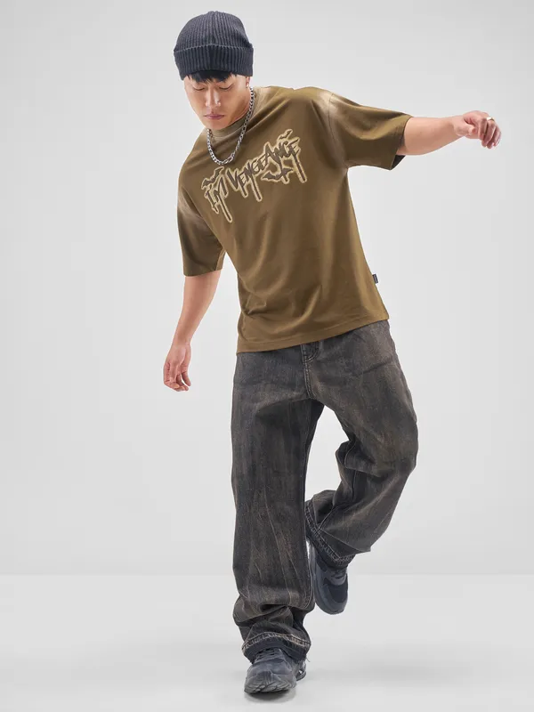 DC BY Highlander Men Brown Batman Printed Round Neck Oversized Fit T-Shirt