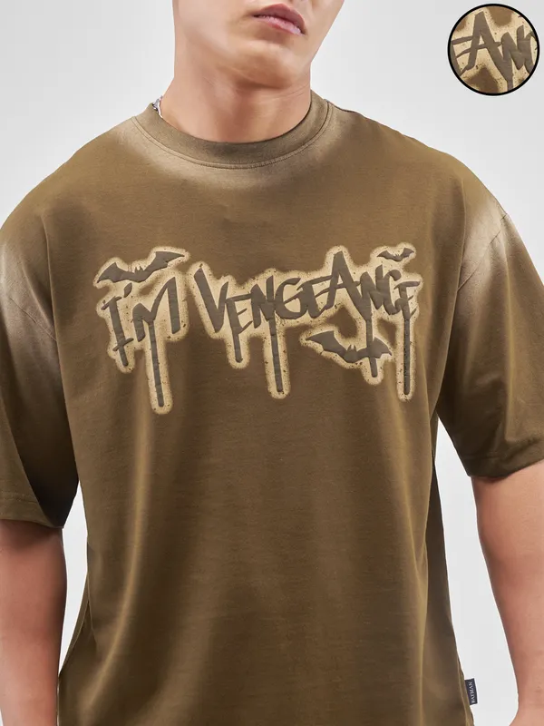 DC BY Highlander Men Brown Batman Printed Round Neck Oversized Fit T-Shirt