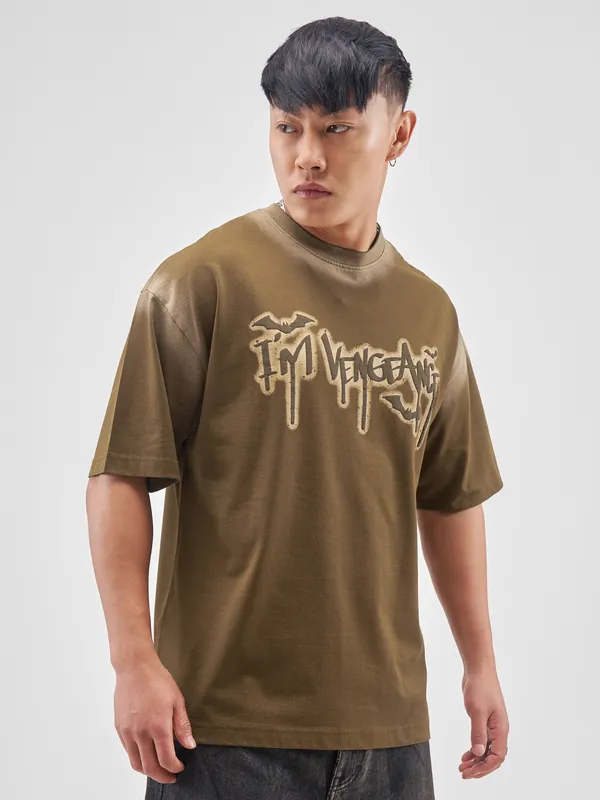 DC BY Highlander Men Brown Batman Printed Round Neck Oversized Fit T-Shirt