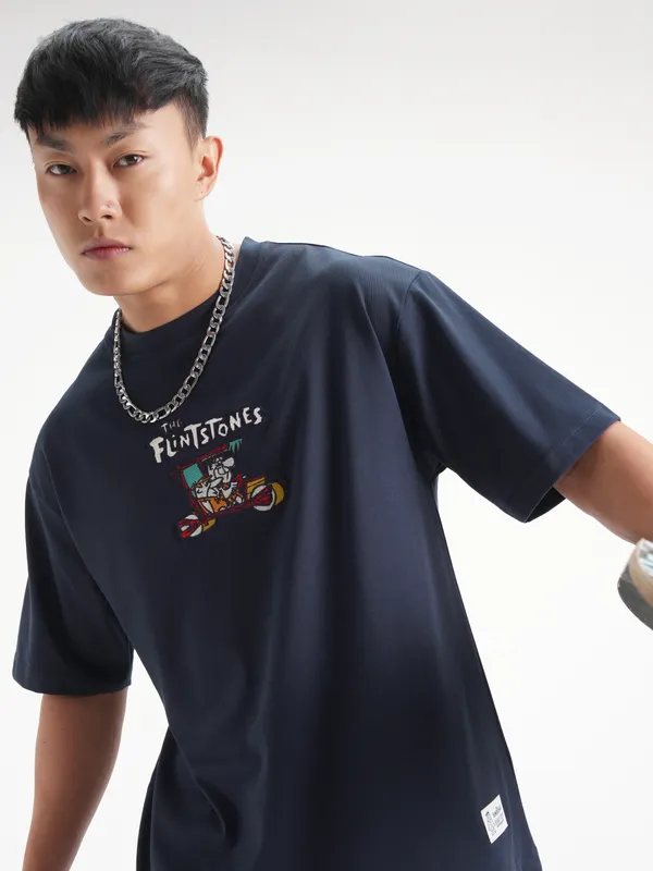 WB By Highlander Men Navy Blue Flintstones Printed Round Neck T-Shirt