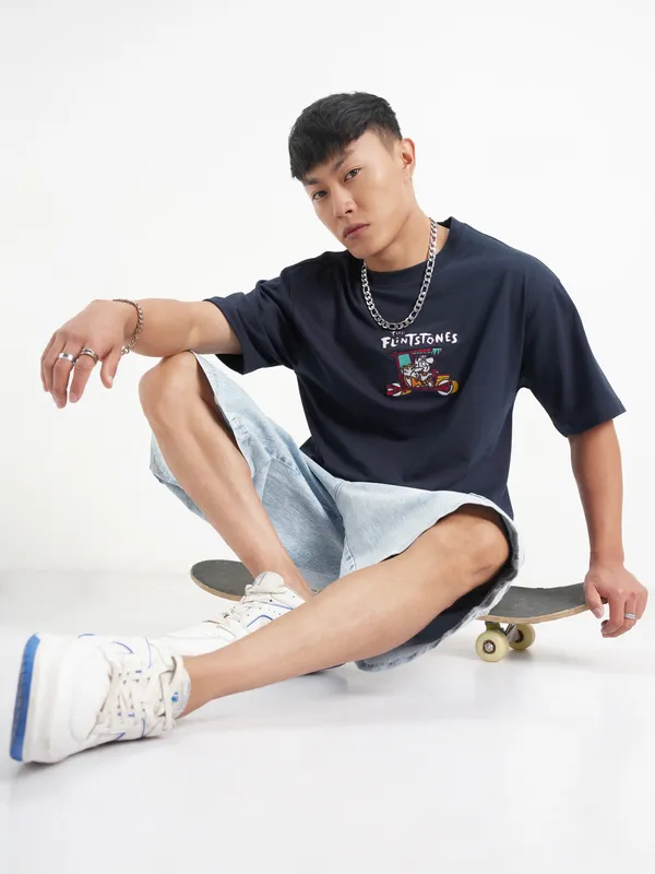 WB By Highlander Men Navy Blue Flintstones Printed Round Neck T-Shirt