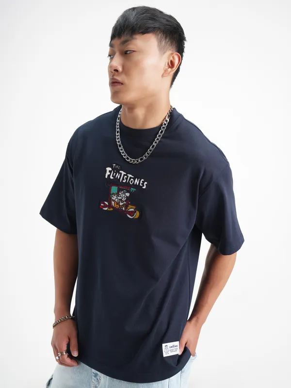 WB By Highlander Men Navy Blue Flintstones Printed Round Neck T-Shirt
