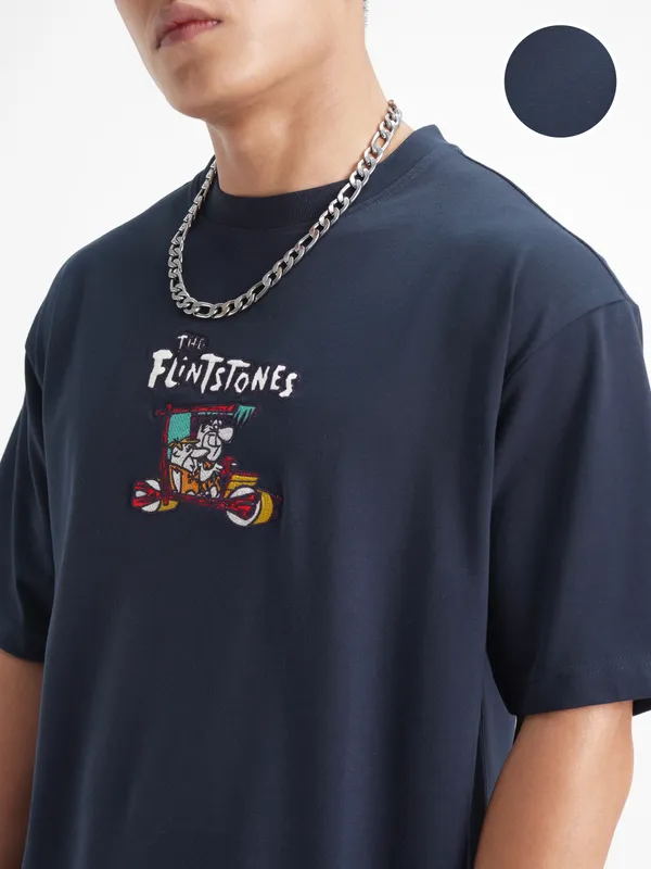 WB By Highlander Men Navy Blue Flintstones Printed Round Neck T-Shirt