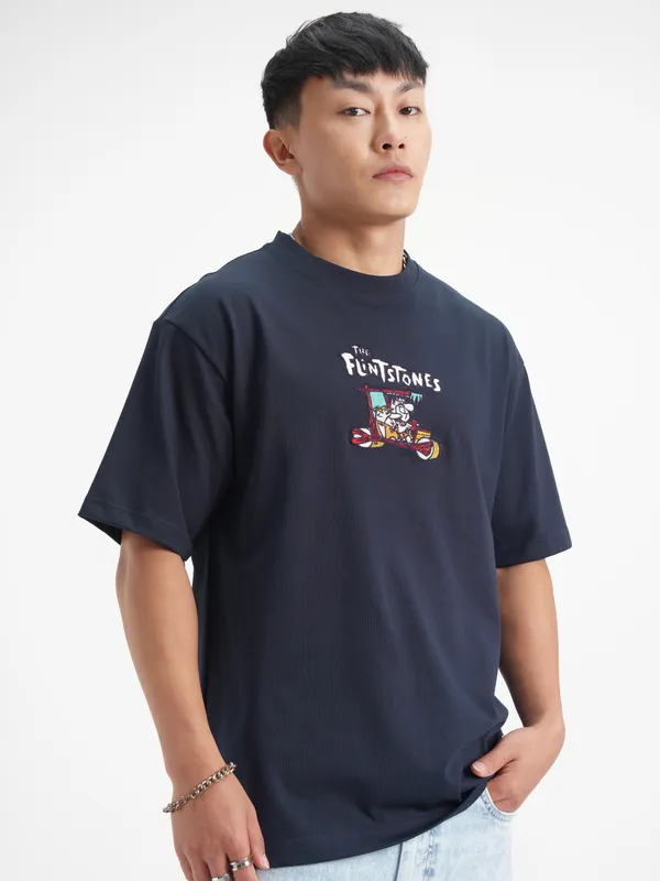 WB By Highlander Men Navy Blue Flintstones Printed Round Neck T-Shirt