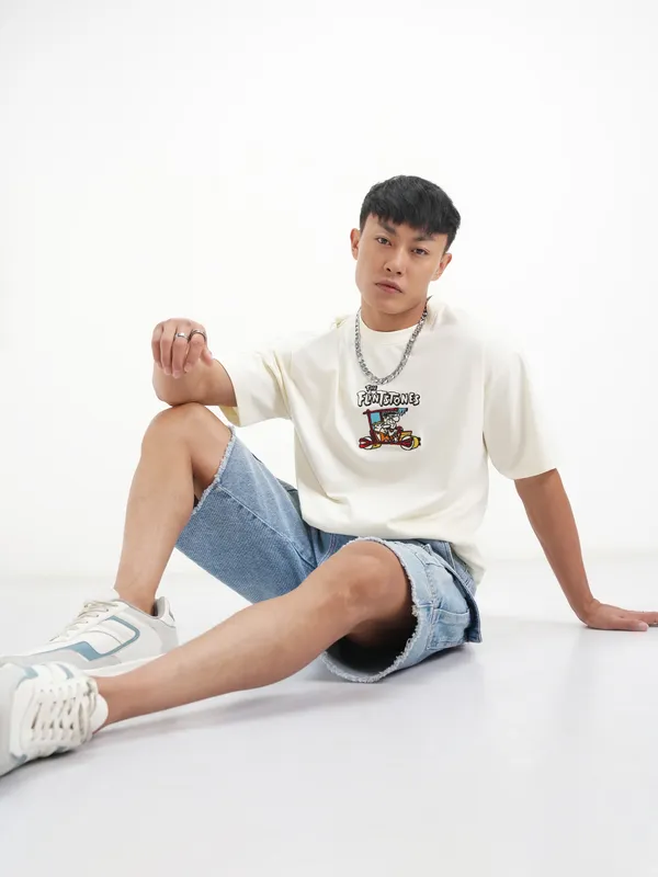 WB By Highlander Men Off White Flintstones Printed Round Neck T-Shirt