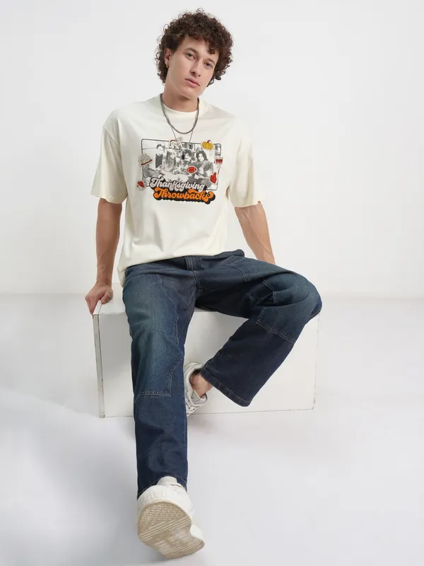 WB By Highlander Men Off White Friends Printed Round Neck Oversized Fit T-Shirt