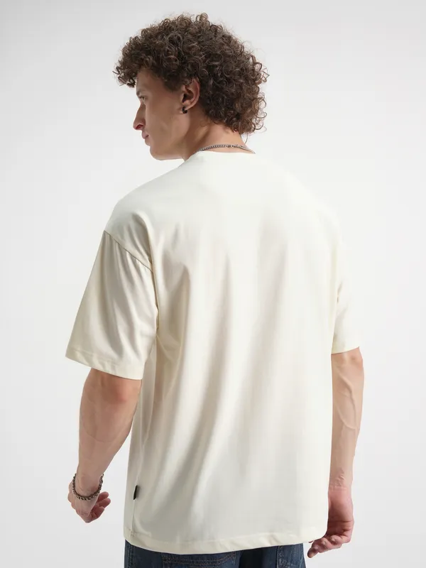 WB By Highlander Men Off White Friends Printed Round Neck Oversized Fit T-Shirt