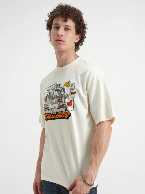 WB By Highlander Men Off White Friends Printed Round Neck Oversized Fit T-Shirt