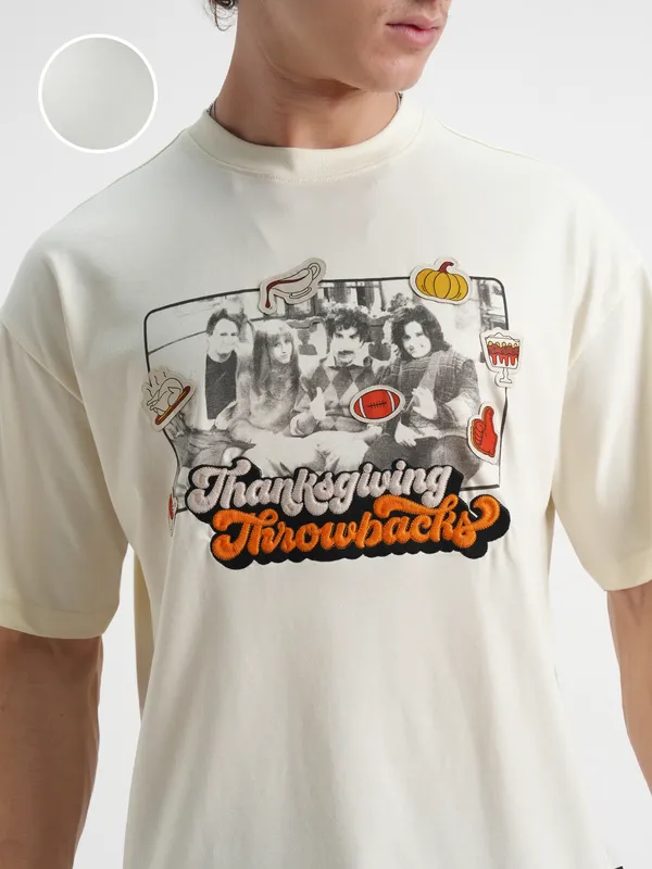 WB By Highlander Men Off White Friends Printed Round Neck Oversized Fit T-Shirt