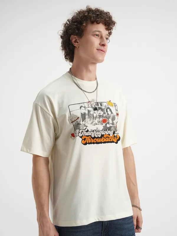 WB By Highlander Men Off White Friends Printed Round Neck Oversized Fit T-Shirt