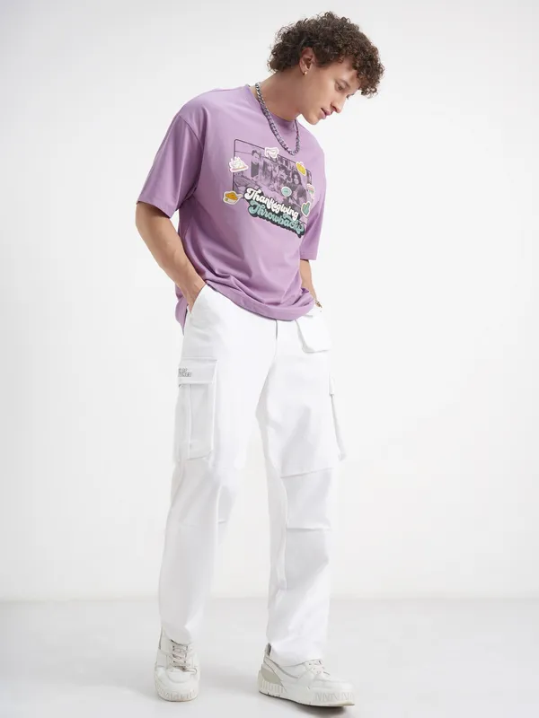WB By Highlander Men Lavender Friends Printed Round Neck Oversized Fit T-Shirt