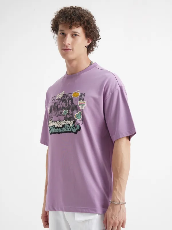 WB By Highlander Men Lavender Friends Printed Round Neck Oversized Fit T-Shirt