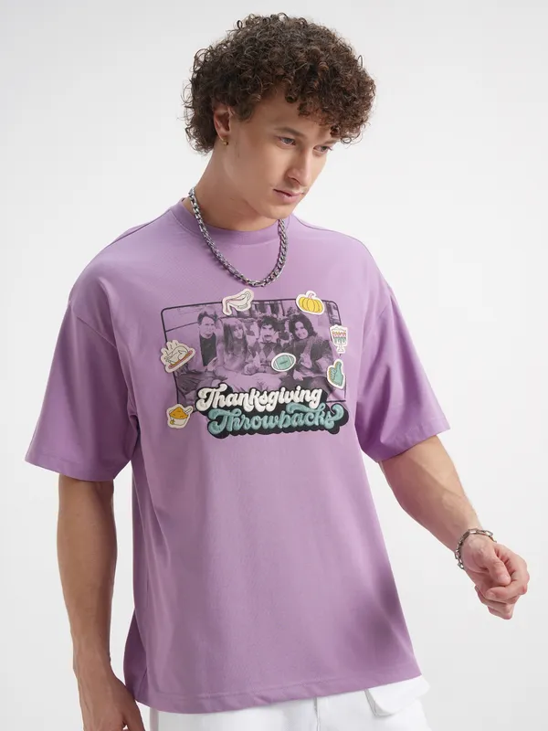 WB By Highlander Men Lavender Friends Printed Round Neck Oversized Fit T-Shirt