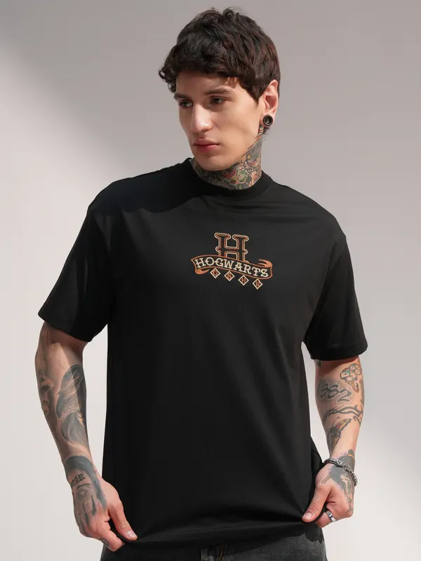 WB By Highlander Men Black Harry Potter Printed Round Neck T-Shirt
