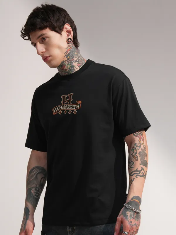 WB By Highlander Men Black Harry Potter Printed Round Neck T-Shirt