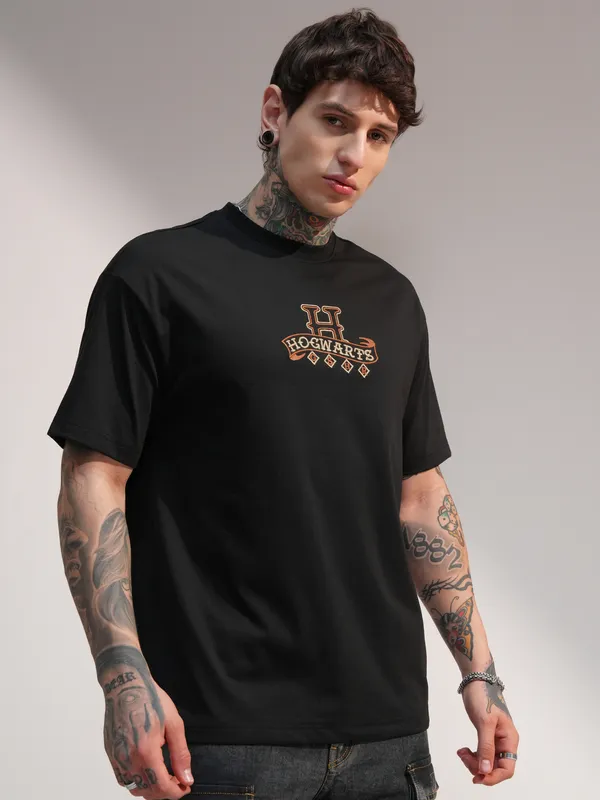 WB By Highlander Men Black Harry Potter Printed Round Neck T-Shirt
