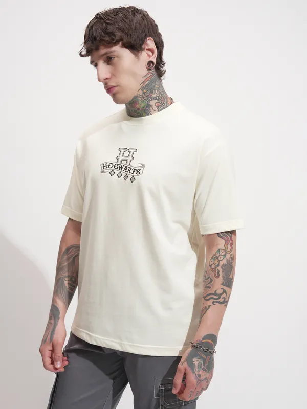 WB By Highlander Men Off White Harry Potter Printed Round Neck T-Shirt