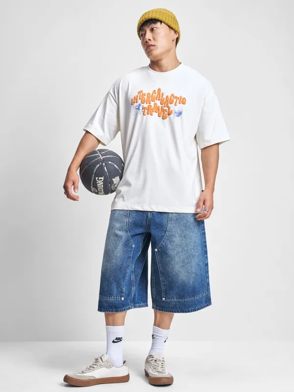 WB By Highlander Men White Rick And Morty Printed Round Neck Oversized Fit T-Shirt