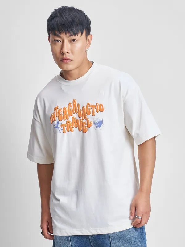 WB By Highlander Men White Rick And Morty Printed Round Neck Oversized Fit T-Shirt