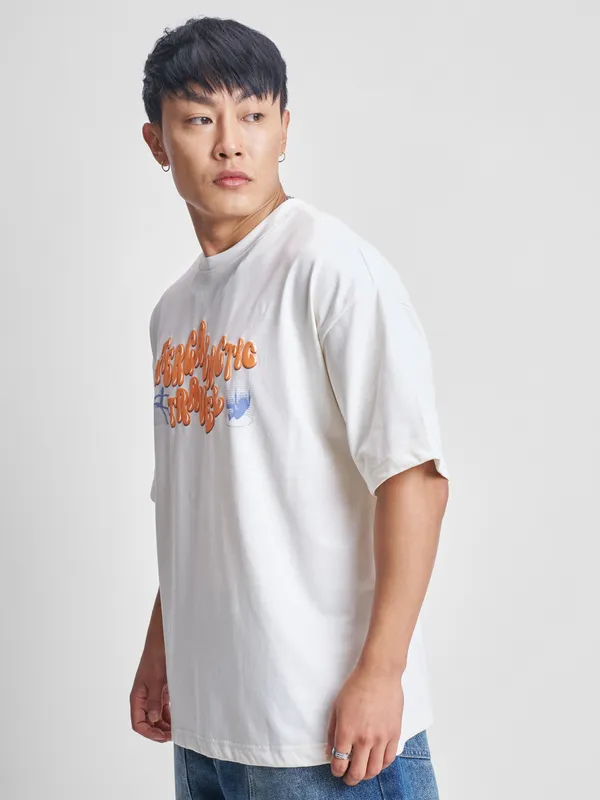 WB By Highlander Men White Rick And Morty Printed Round Neck Oversized Fit T-Shirt