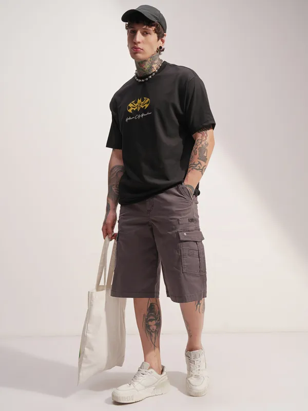 DC By Highlander Men Black Batman Embroidered Round Neck T-Shirt