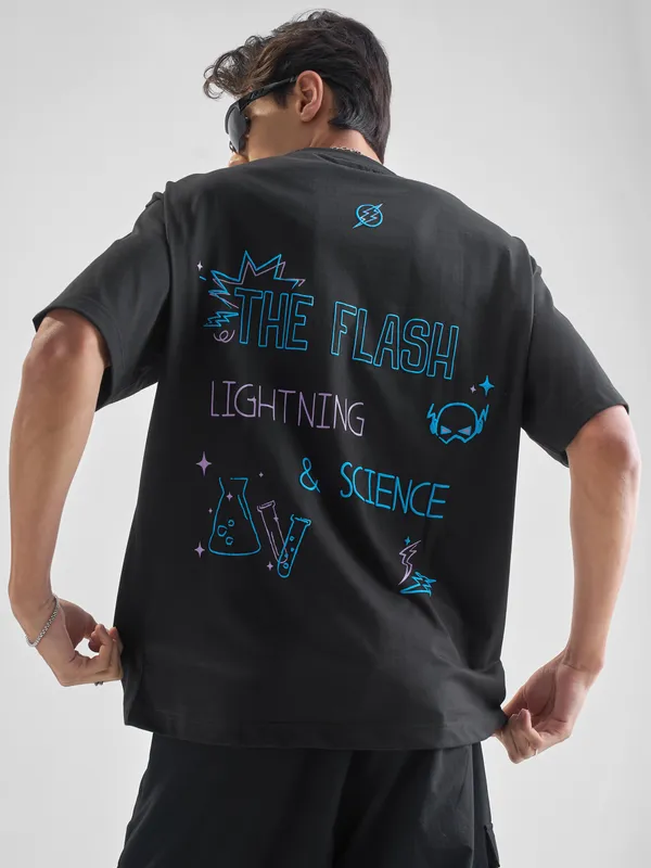 DC By Highlander Men Black Flash Printed Round Neck Oversized Fit T-Shirt