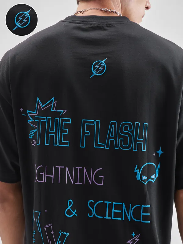 DC By Highlander Men Black Flash Printed Round Neck Oversized Fit T-Shirt