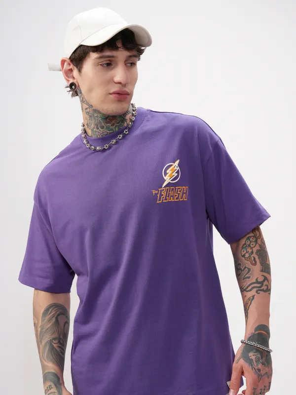 DC By Highlander Men Purple Batman Printed Round Neck Oversized Fit T-Shirt