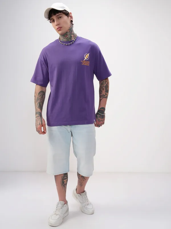 DC By Highlander Men Purple Batman Printed Round Neck Oversized Fit T-Shirt