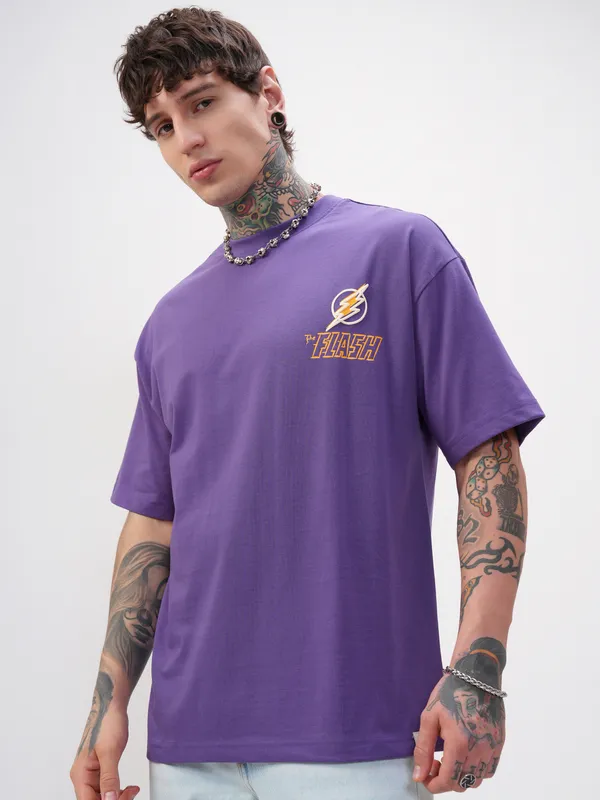DC By Highlander Men Purple Batman Printed Round Neck Oversized Fit T-Shirt