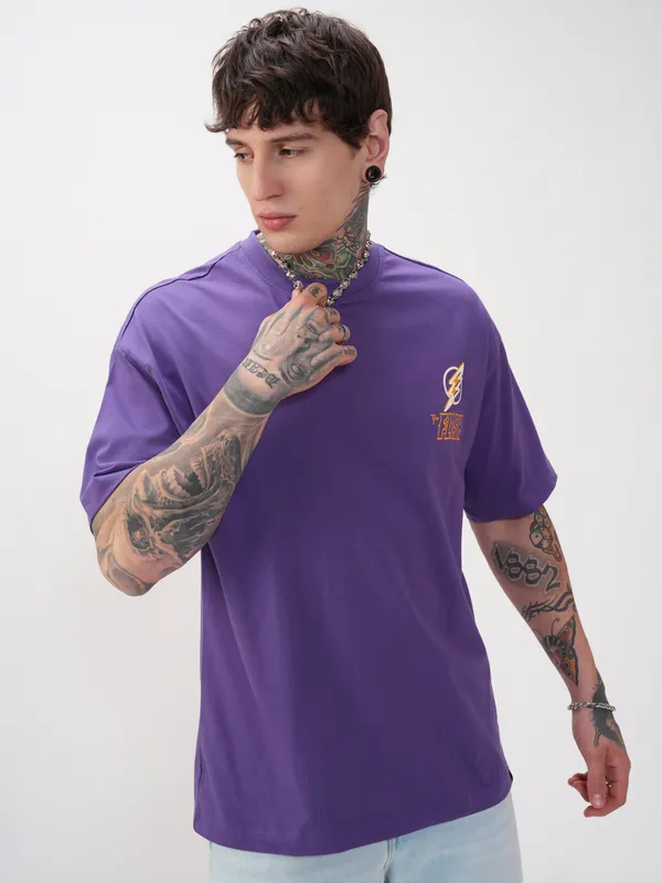 DC By Highlander Men Purple Batman Printed Round Neck Oversized Fit T-Shirt