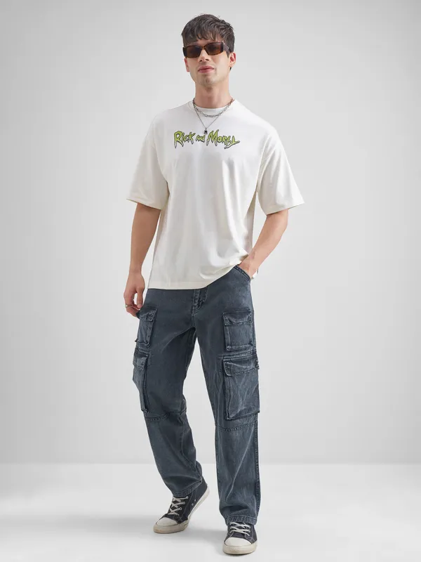 Highlander Men White Rick And Morty Printed Round Neck Oversized Fit T-Shirt