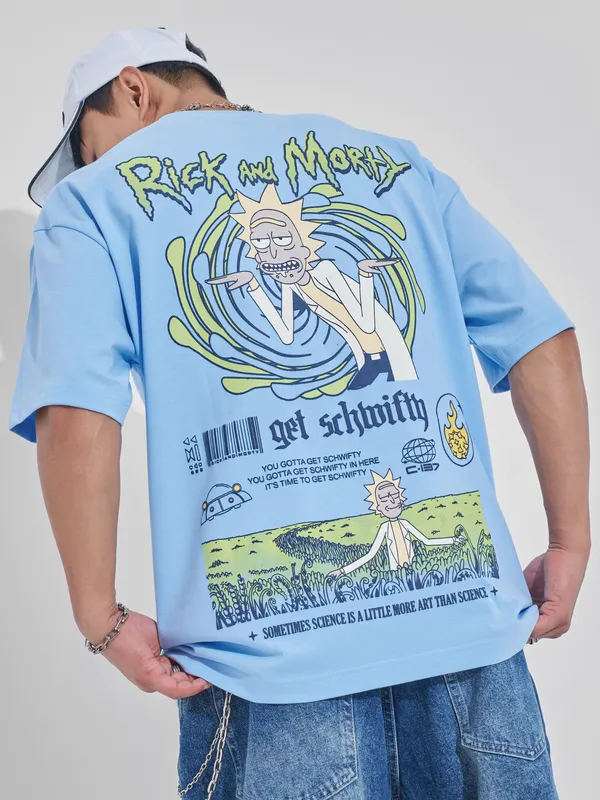 WB By Highlander Men Blue Rick And Morty Printed Round Neck Oversized Fit T-Shirt