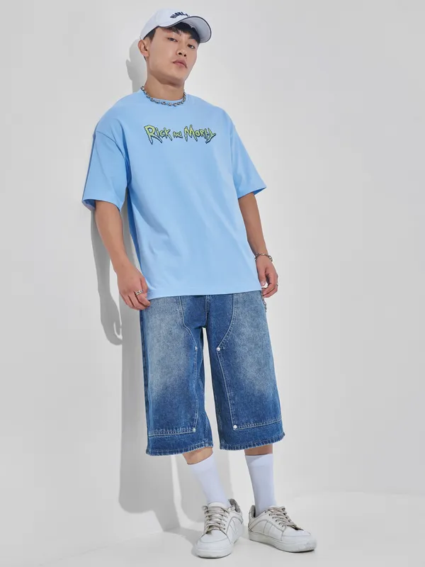 WB By Highlander Men Blue Rick And Morty Printed Round Neck Oversized Fit T-Shirt