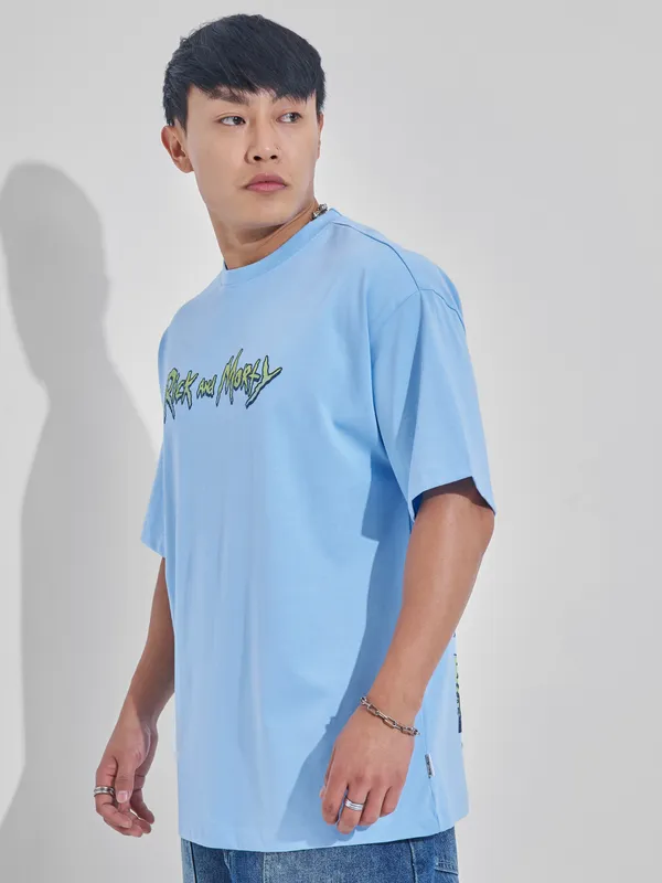 WB By Highlander Men Blue Rick And Morty Printed Round Neck Oversized Fit T-Shirt
