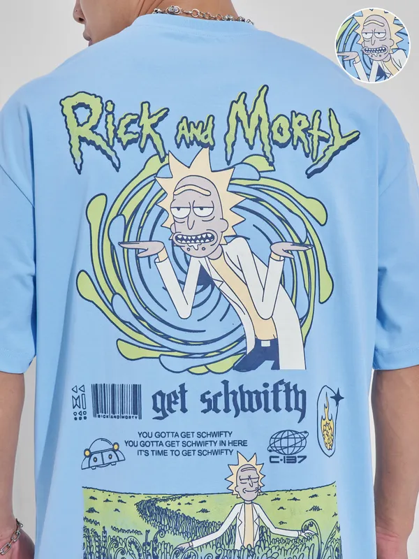WB By Highlander Men Blue Rick And Morty Printed Round Neck Oversized Fit T-Shirt