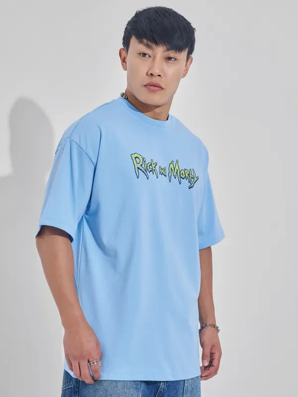 WB By Highlander Men Blue Rick And Morty Printed Round Neck Oversized Fit T-Shirt